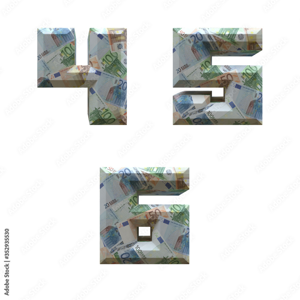 3D alphabet wrapped around with Euro banknotes: digits 4-6 on white background 3D alphabet wrapped around with Euro banknotes: digits 4-6 on white background