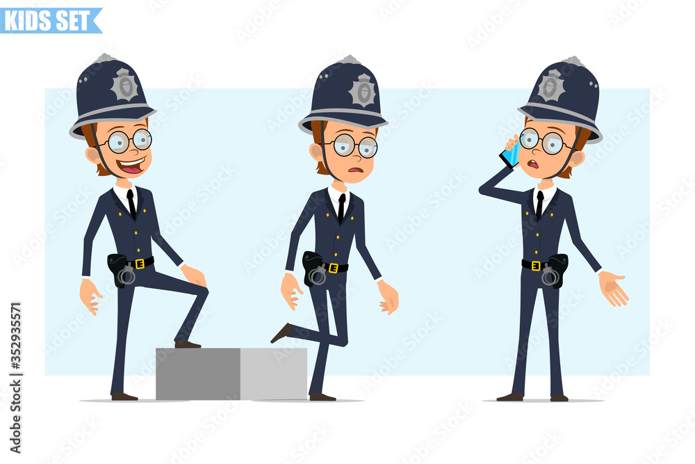 Cartoon flat funny british policeman boy character in helmet, glasses and uniform. Ready for animation. Kid walking up to his goal and talking on phone. Isolated on blue background. Vector icon set. Cartoon flat funny british policeman boy character in helmet, glasses and uniform. Ready for animation. Kid walking up to his goal and talking on phone. Isolated on blue background. Vector icon set.