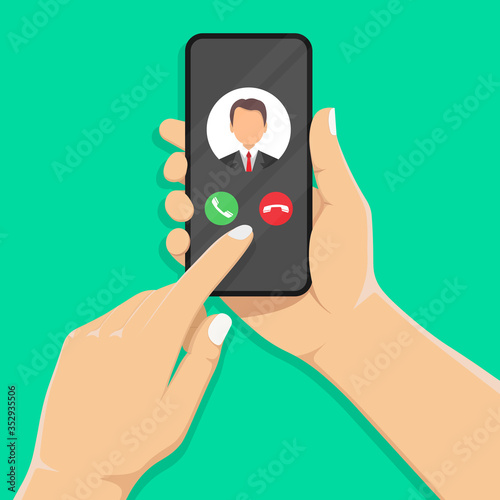 Incoming call on the smartphone screen with the image of the caller. Touch finger.Phone in a human hand.