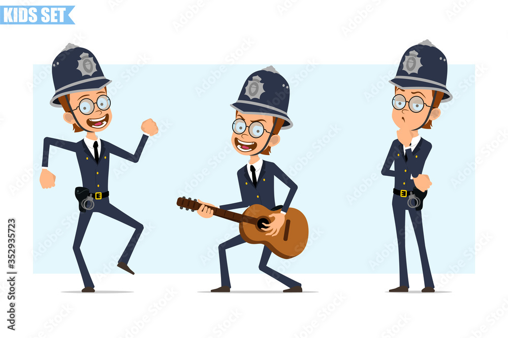 Cartoon flat funny british policeman boy character in helmet, glasses and uniform. Ready for animation. Kid standing, dancing and playing on guitar. Isolated on blue background. Vector icon set.