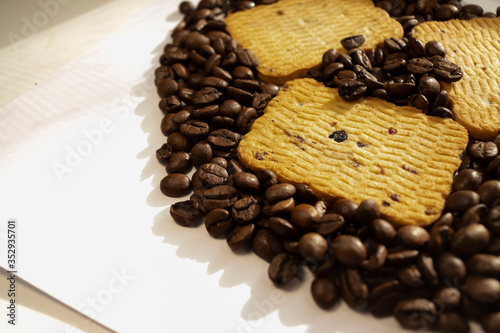 Breakfast coffee cookies morning still life background coffee grain on a white background