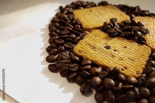 Breakfast coffee cookies morning still life background coffee grain on a white background