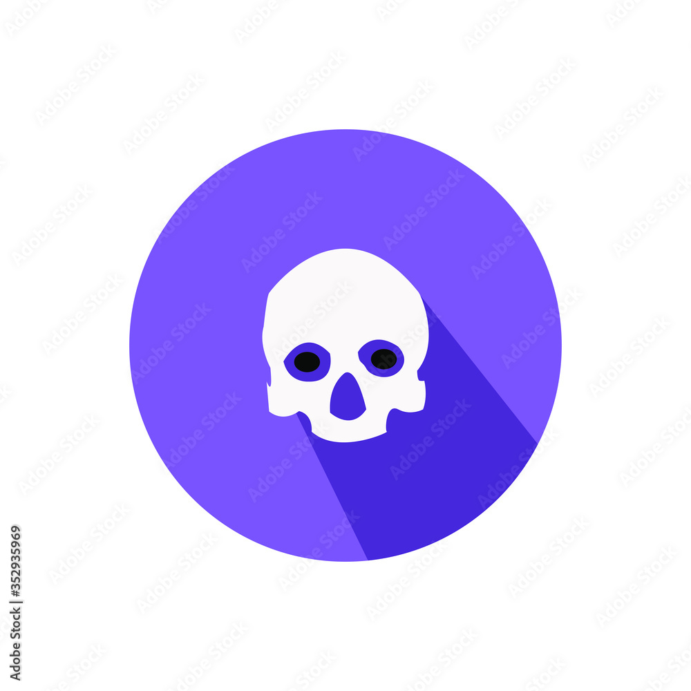 White skull icon with shadow on the purple circle background , sign design