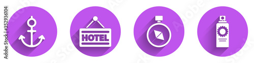 Set Anchor, Signboard with text Hotel, Compass and Sunscreen spray bottle icon with long shadow. Vector