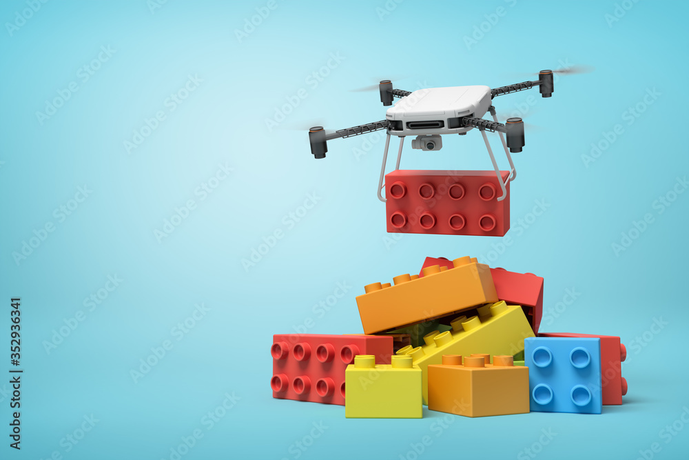 Fototapeta premium 3d rendering of quadcopter delivering huge red toy block and putting it on pile of other blocks on blue background.