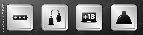 Set Silicone ball gag with belt, Penis pump, Laptop with 18 plus content and Condom icon. Silver square button. Vector
