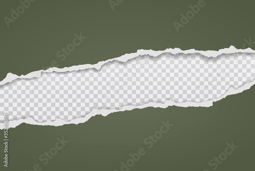 Piece of torn dark green horizontal paper with soft shadow stuck on white squared background. Vector illustration