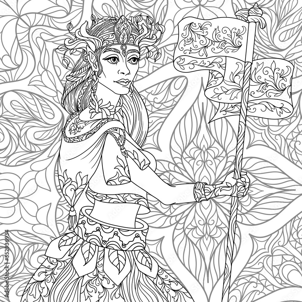 Fantasy coloring page for adults with beautiful girl elf