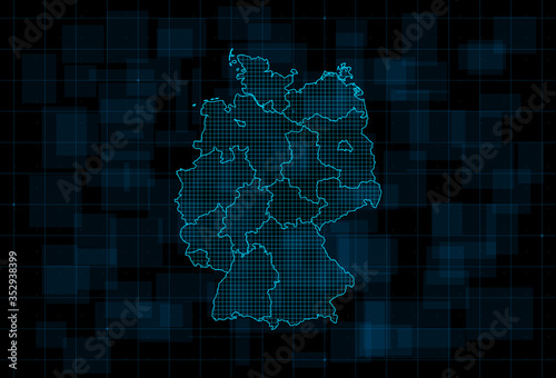HUD map of the Germany with states. Cyberpunk Futuristic digital dark blue background. Editable stroke. Vector 
