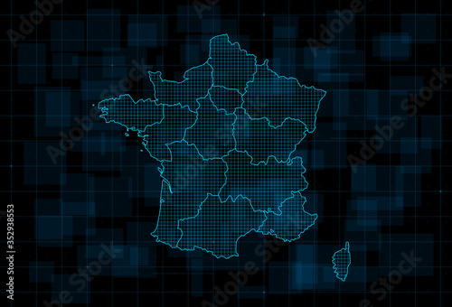 HUD map of the France with regions. Cyberpunk Futuristic digital dark blue background. Editable stroke. Vector
