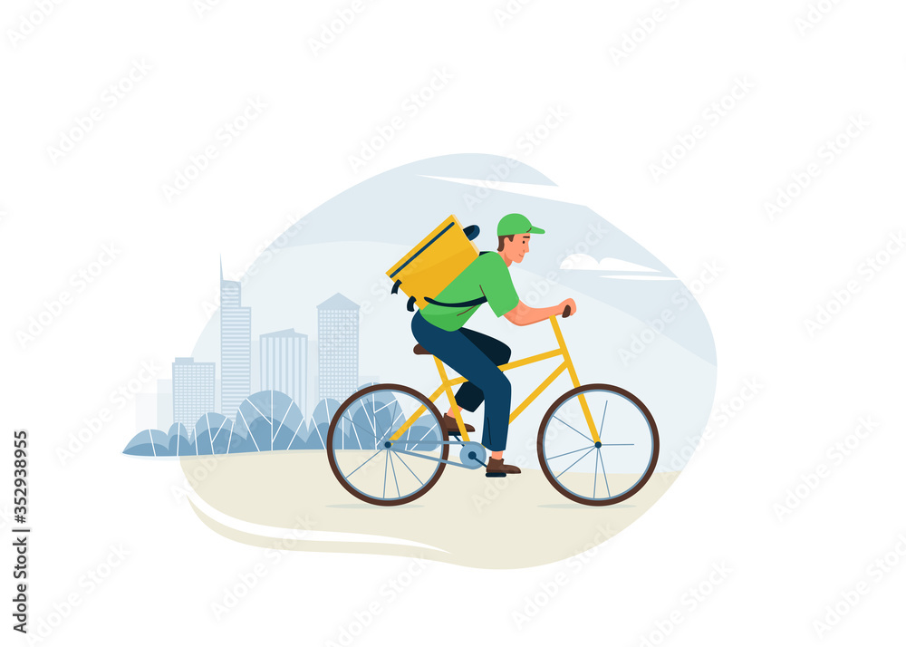 Delivery service vector illustration. Fast safe deliver by man ride by bike to work or home, outdoor city landscape, cityscape. Worker wearing in green uniform Delivery service vector illustration. Fast safe deliver by man ride by bike to work or home, outdoor city landscape, cityscape. Worker wearing in green uniform