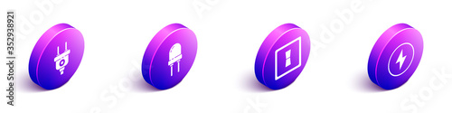 Set Isometric Electric plug, Light emitting diode, Electric light switch and Lightning bolt icon. Vector