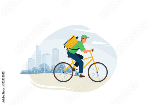 Delivery service vector illustration. Fast safe deliver by man ride by bike to work or home, outdoor city landscape, cityscape. Worker wearing in green uniform