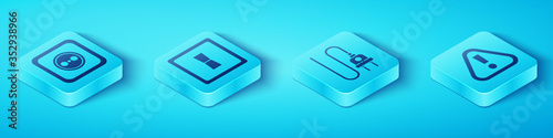 Set Isometric Electrical outlet, Electric light switch, Exclamation mark in triangle and Electric plug icon. Vector