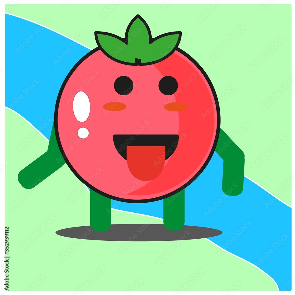 Obraz premium Cute tomato fruits cartoon face mascot character with hand and leg vector design