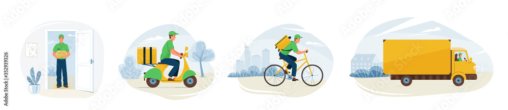 Delivery service vector illustration. Fast online deliver by courier man, bicycle, motorcycle and truck to work or home. Moving transport design in trendy flat style isolated on white background - obrazy, fototapety, plakaty 