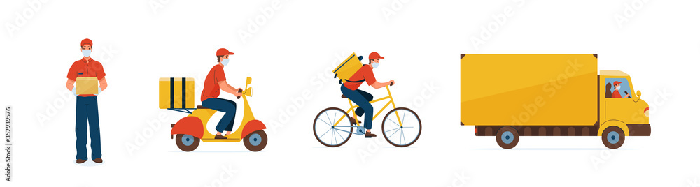 Delivery service vector illustration. Fast safe deliver by courier man, bicycle, motorcycle and truck to work or home. Worker wearing in respiratory mask, gloves to prevent corona virus pandemic