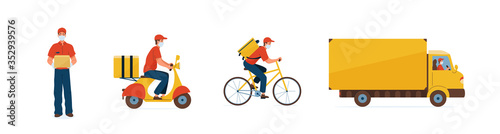 Delivery service vector illustration. Fast safe deliver by courier man, bicycle, motorcycle and truck to work or home. Worker wearing in respiratory mask, gloves to prevent corona virus pandemic