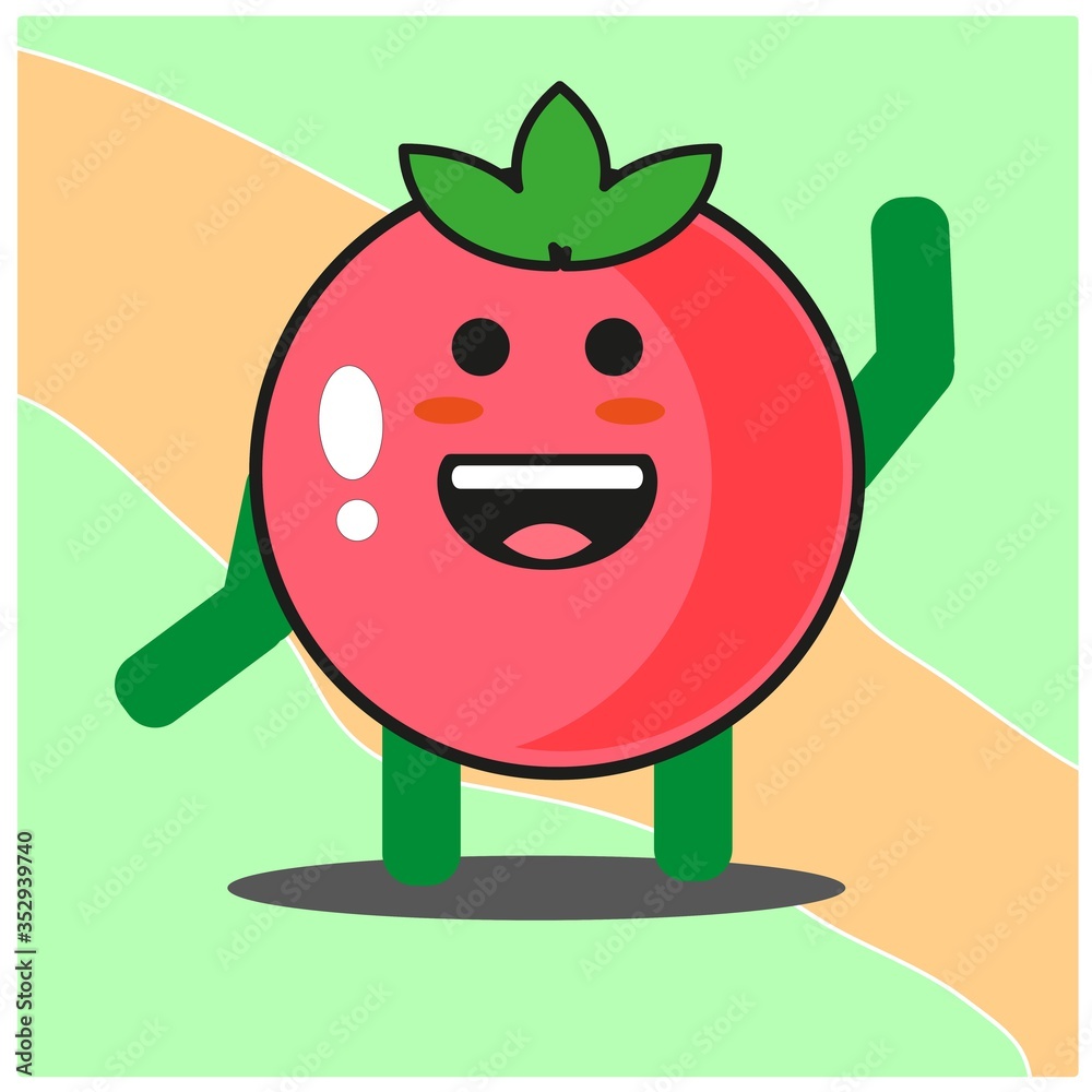 Fototapeta premium Cute tomato fruits cartoon face mascot character with hand and leg vector design