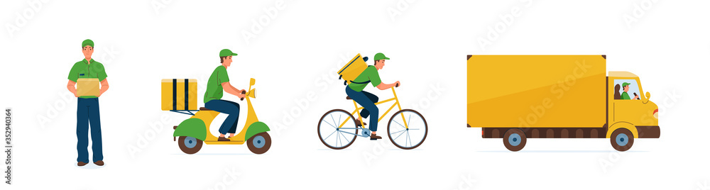 Set of delivery service vector illustration. Fast online deliver by courier man, bicycle, motorcycle and truck to work or home. Transport design in trendy flat style isolated on white background Set of delivery service vector illustration. Fast online deliver by courier man, bicycle, motorcycle and truck to work or home. Transport design in trendy flat style isolated on white background
