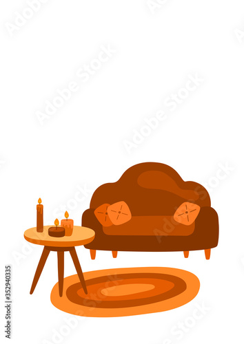 Scandinavian room interior. Wooden coffee table with candles on, brown soft couch with orange pillows and a cozy carpet. Hand drawn vector home decor elements.