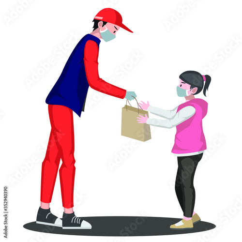 Delivery man is delivering package to recipient