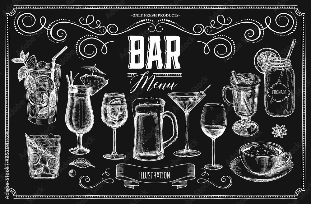 Set of cocktails on a chalk board. A selection of illustrations for the design of the menu of restaurants and bars. - obrazy, fototapety, plakaty 