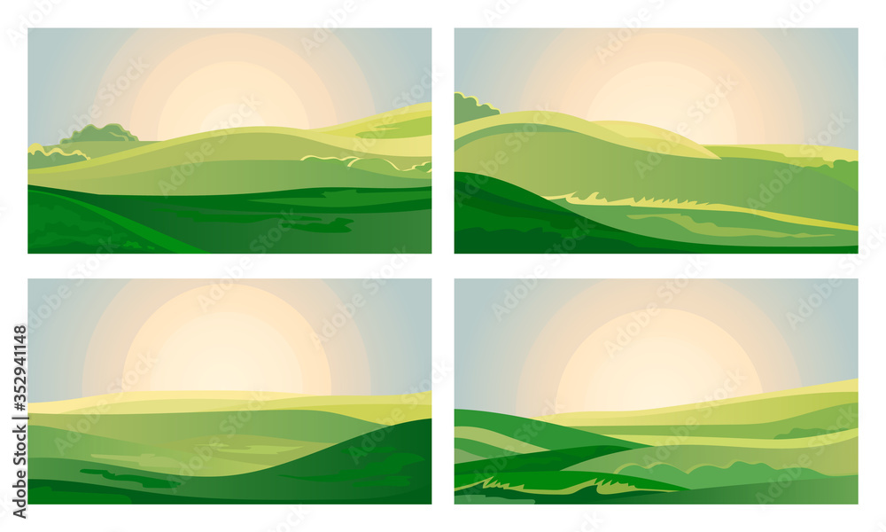 Summer green landscape field dawn above hills with grass. Sunrise in countryside. Cartoon eco farm park. Vector illustration nature backdrop
