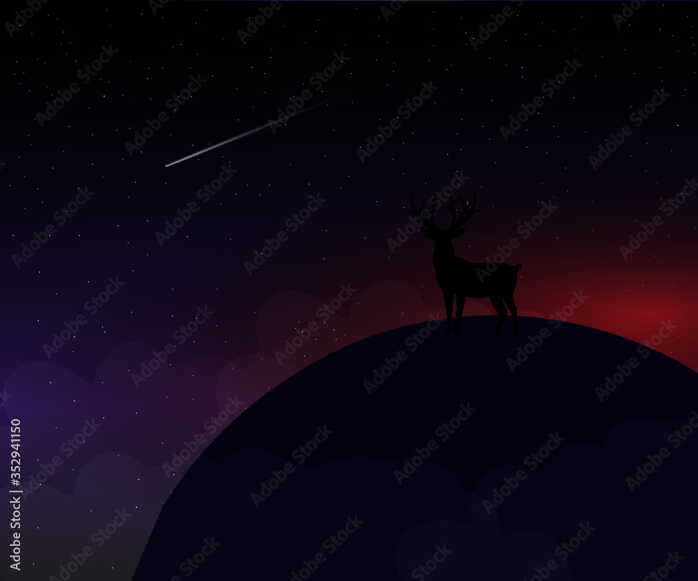 Vector landscape by sunset with deer in the night 