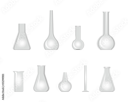 Laboratory glassware beaker 3d icon set. Chemistry glass flask isolated on white. Empty chemical lab containers. Vector illustration