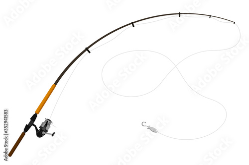 Leinwand Poster Spinning fishing rod with reel and baubles on a white background