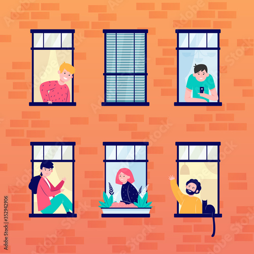 Apartment open windows and neighbors. Leisure, routine, wall flat vector illustration. Lifestyle and neighborhood concept for banner, website design or landing web page