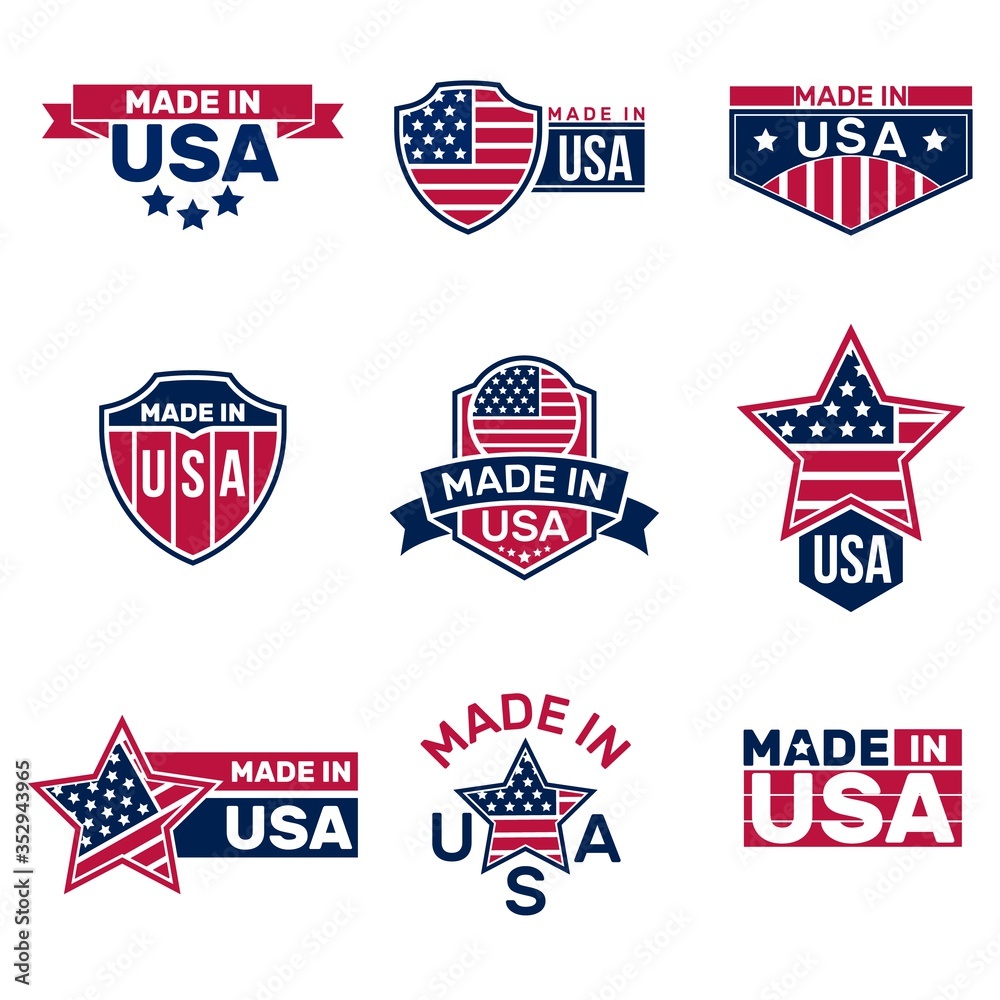 Made in USA patriotic stamps set. Retro seals with American flag stars and stripes patterns, heraldic badges and ribbons. Flat vector illustrations for labels and logos design, marketing concept Made in USA patriotic stamps set. Retro seals with American flag stars and stripes patterns, heraldic badges and ribbons. Flat vector illustrations for labels and logos design, marketing concept
