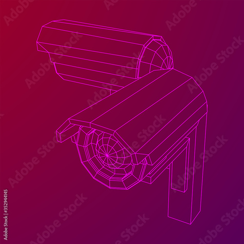Modern video camera. Webcam viewing area. Safety, security concept. Wireframe low poly mesh vector illustration.