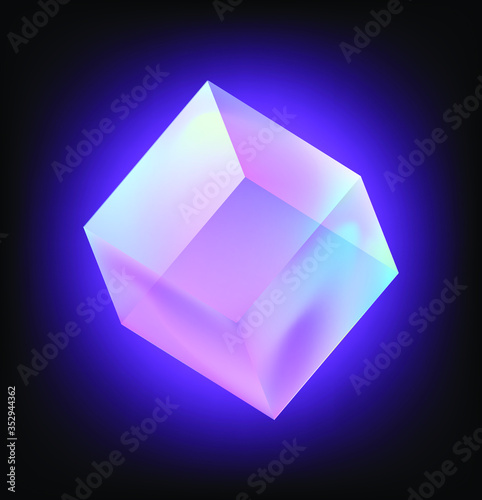Cube or Rectangular Cuboid Prism in neon holographic colors, showing light refraction effect. Abstract vector illustration for science or technology cover.