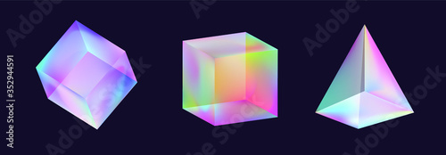 Cube or Rectangular Cuboid Prism in neon holographic colors, showing light refraction effect. Abstract vector illustration for science or technology cover.