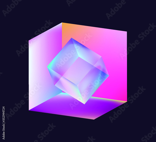 Cube or Rectangular Cuboid Prism in neon holographic colors, showing light refraction effect. Abstract vector illustration for science or technology cover.