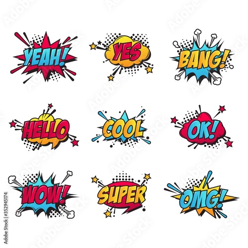 Cartoon comic text patches set. Bang, yes burst, omg sticker, super speech bubble, ok cloud. Flat vector illustrations for retro comic art, communication concept, stickers and labels design