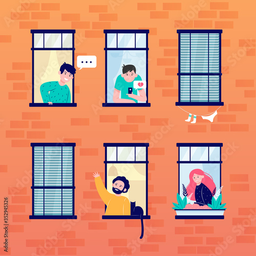 Friendly neighbors looking at windows. Friendship, neighbor, building flat vector illustration. Lifestyle and neighborhood concept for banner, website design or landing web page