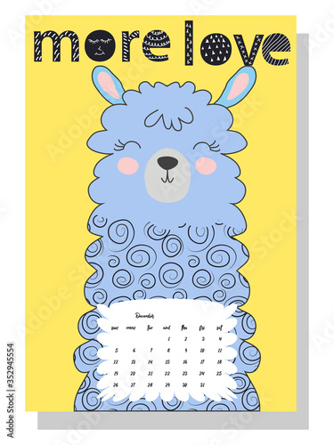Cute monthly calendar of 2021 with a llama, cactus, inscriptions in the Scandinavian children's style. For web, banners, posters, labels and print.