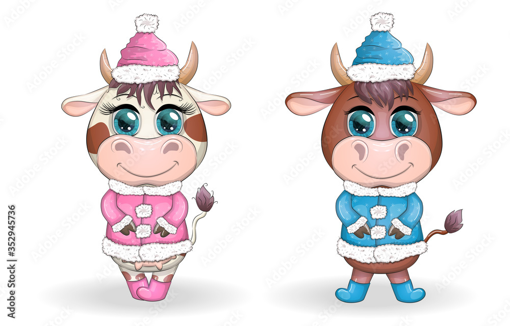 Funny cow, bull in a fur coat in cartoon style. Symbol of 2021 Funny cow, bull in a fur coat in cartoon style. Symbol of 2021