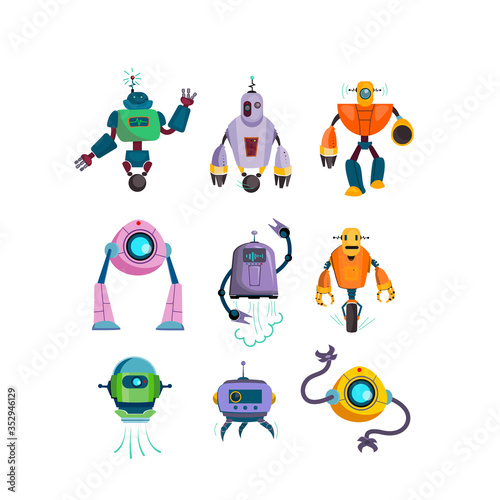 Cute futuristic robots flat icon set. Cartoon cyborg and guardian characters isolated vector illustration collection. Games and modern robotic technology concept