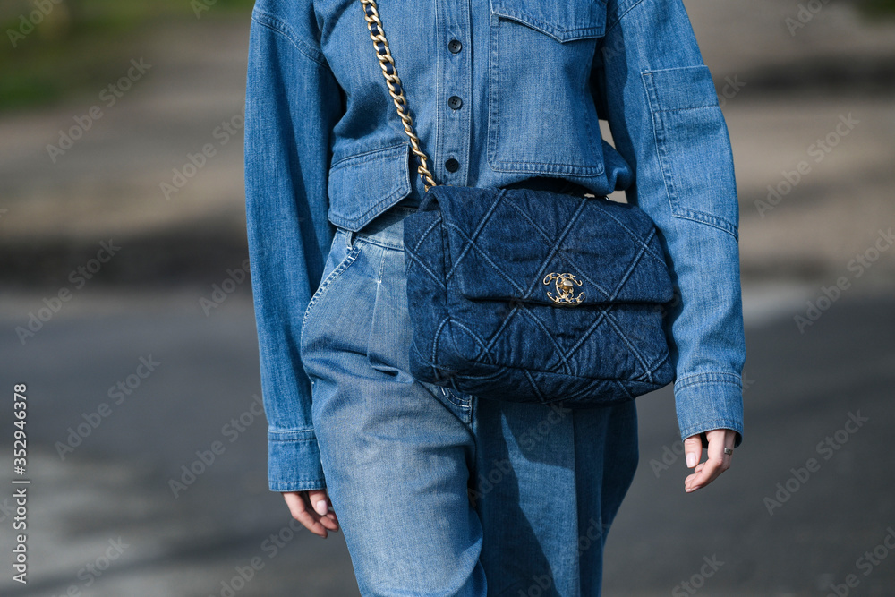 Paris, France – March 3, 2020: Denim patterned Chanel crossbody bag -  streetstylefw20 Photos