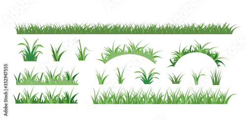 Green grass flat icon set. Cartoon bio lawn pattern and spring field border isolated vector illustration collection. Organic plant and garden concept