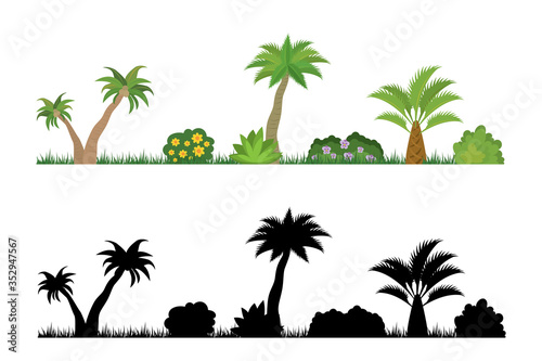 Set of cartoon tropical forest different palms  bushes with flowers and black silhouette. Various elements of summer beach or park decoration  design isolated on white background.
