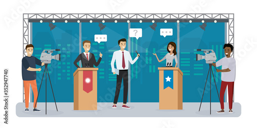 Political talk show on tv. Debate politicians in modern television studio. Male journalist use microphone.