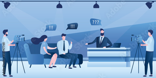 Talk show on tv. Journalist and guests talking in modern television studio. Cameramen create video content.