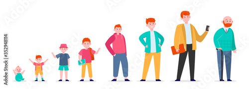 Red-haired man in different age. Teenager, infancy, father flat vector illustration. Growth cycle and generation concept for banner, website design or landing web page