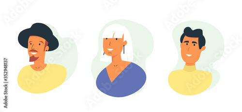 Bright people portraits set - hand drawn flat style vector design concept illustration of young men and women, male and female faces and shoulders avatars. Flat style vector icons set.