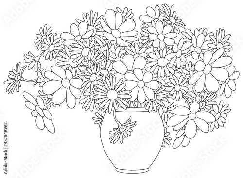 Summer bouquet of beautiful garden flowers in a vase, black and white outline vector cartoon illustration for a coloring book page